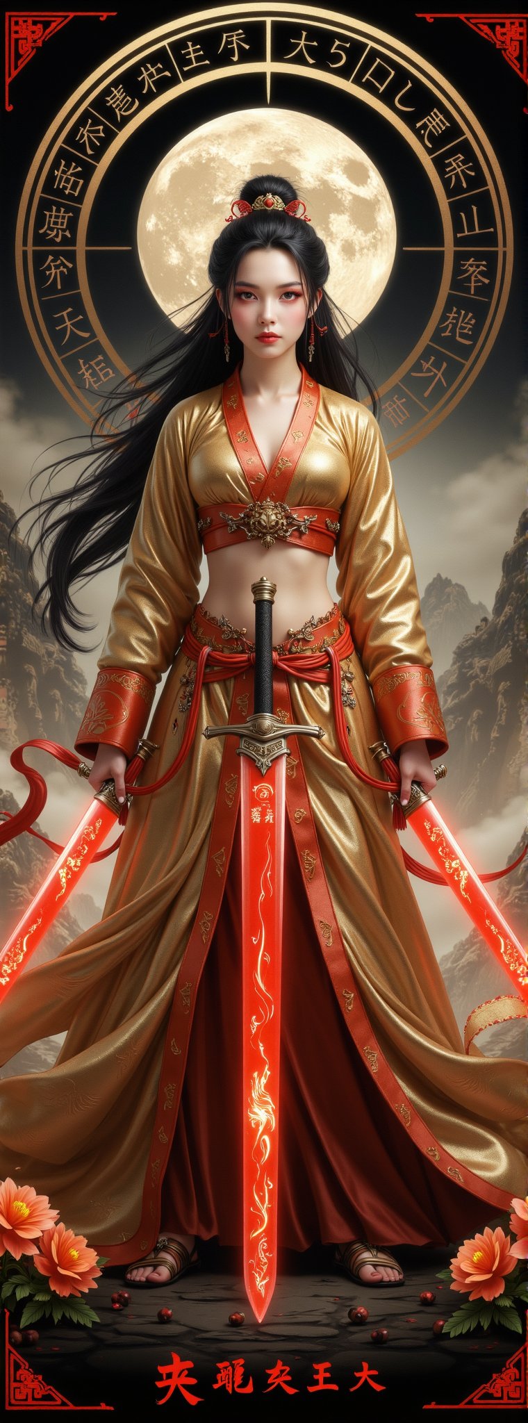 Score_9, score_8_up, score_7_up, score_6_up, A solemn-looking ancient oriental young woman with long flowing hair, perfect figure and perfect legs, wearing golden Hanfu, helding a glowing red sword in both hands, facing the viewer, with an oriental magic circle in the background.