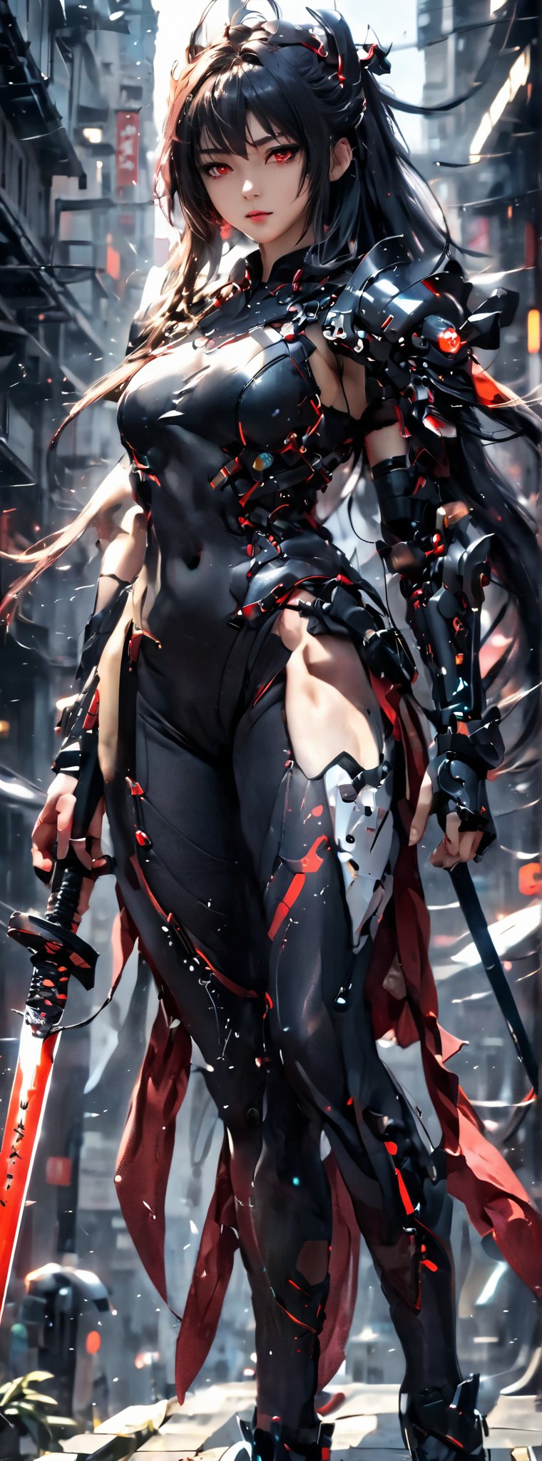 1girl, solo, cool, long black hair, huge natural breasts, looking at viewer, red eyes, very long hair, standing, outdoors, long red glowing katana, holding weapon, blurred background ,from the side, looking at the side, black mecha tights, night, depth of field, blurred background, hand sheath, railings, mecha elements, cyberpunk,