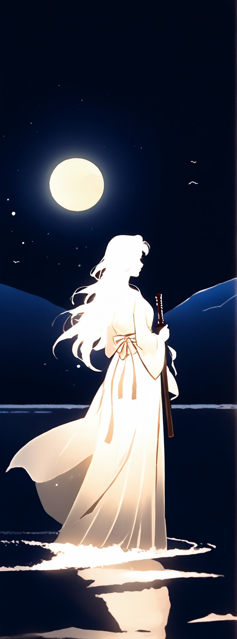 score_9, score_8_up, score_7_up, score_6_up, In the night sky, there is a bright moon, and the moonlight shines on the lake. A long-haired beauty wearing white Hanfu and holding a sword stood by the lake. Chiaroscuro, beautiful human silhouette effect, moon focus