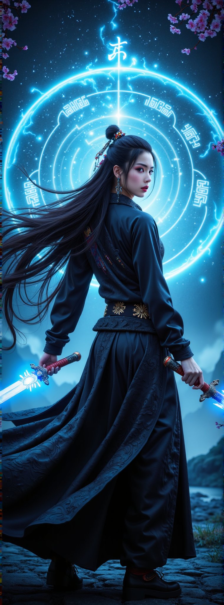 Score_9, score_8_up, score_7_up, score_6_up, A solemn-looking ancient oriental young woman with long flowing hair, perfect figure and perfect legs, wearing black Hanfu, helding a glowing blue sword in both hands, facing the viewer, with an oriental magic circle in the background.