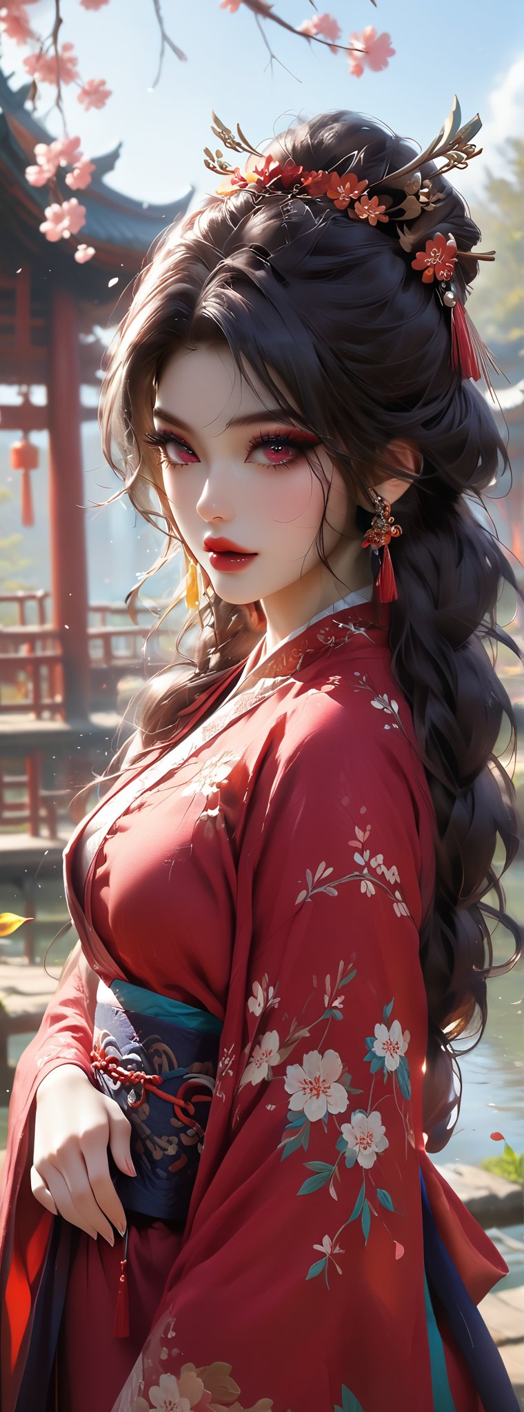 Score_9, score_8_up, score_7_up, score_6_up, 1girl, full body, a 23-year-old long-haired Taiwanese beauty, wearing white Hanfu, standing alone by the lake, with the Oriental Pavilion in the background. Her face was expressionless, and a few white pear blossoms slowly fell from the sky.