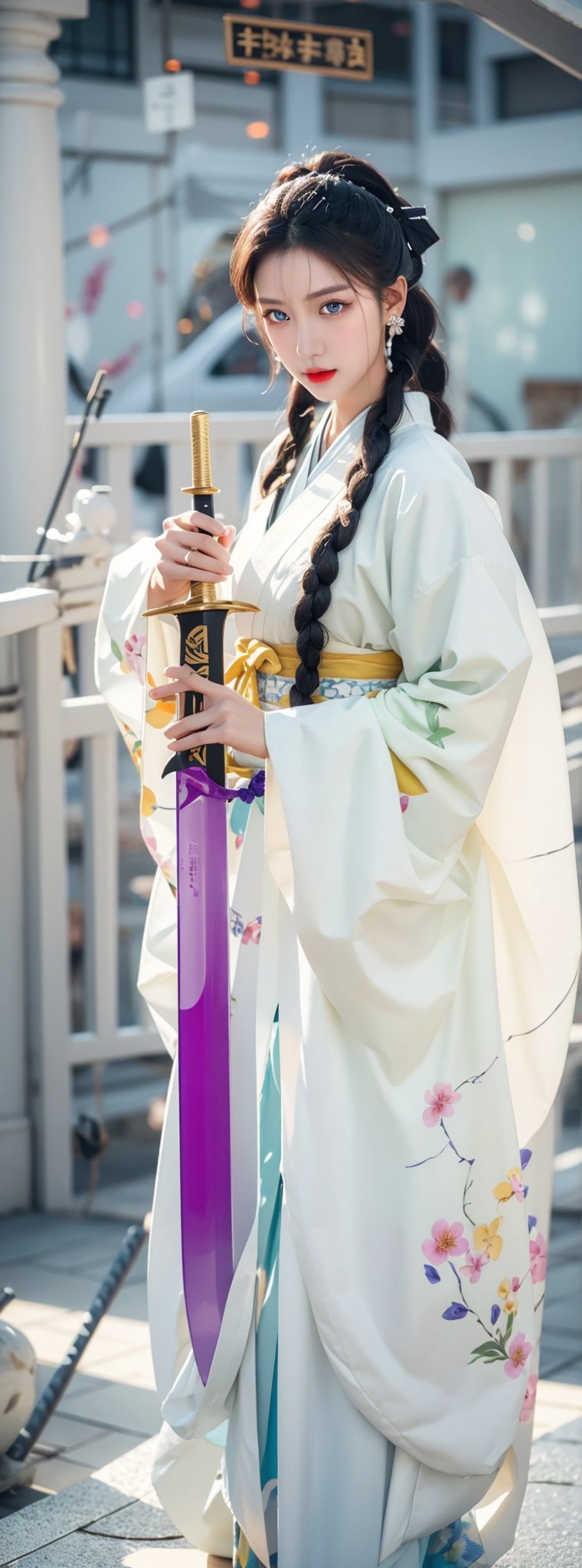 1girl, 23 years old Taiwanese beauty, solo, cool, long hair, natural oversize breasts, bangs, hair ornament, long sleeves, holding, closed mouth, standing, purple eyes, full body, blue eyes, weapon, purple hair, braid, flower, japanese clothes, sword, wide sleeves, kimono, holding weapon, from side, holding sword, braided ponytail, electricity, glowing weapon, tomoe \(symbol\), mitsudomoe \(shape\), musou isshin \(genshin impact\), raiden shogun. (1girl: 1.4), (RAW Photo, Best Quality), (Real, Photo Real: 1.1), Best Quality, Masterpiece, Beauty and Aesthetics, 16K, (HDR: 1.2), High Contrast, (Vivid Colors: 1.3), (Soft Colors, Dull Colors, Soothing Tone: 0), Cinema Light, Ambient Light, Side Light, Fine Details and Texture, Cinema Lens, Warm Tone, (Bright and Intense: 1.1), wide angle shot, xm887, surrealist illustration, Siena's natural proportions, silver hair, dynamic pose, precisely anatomical body and hands, four fingers and a thumb,