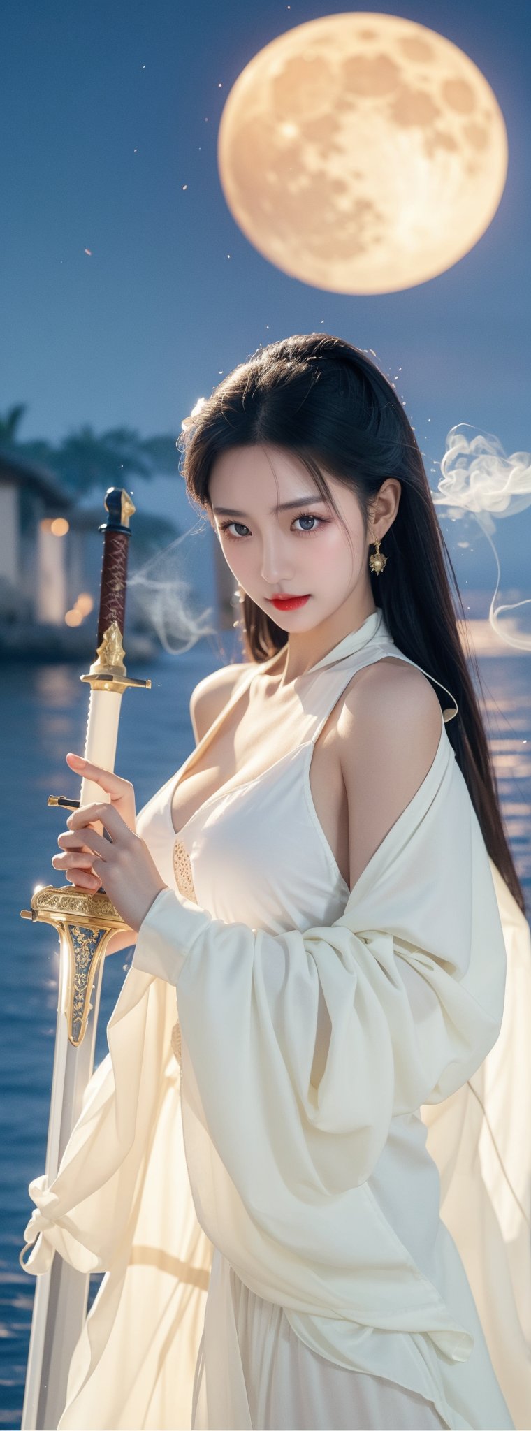 The dark night is azure, with a small amount of smoke, and the water reflects the moonlight. A Taiwanese woman stood on the water and waved a sword, with an arc-shaped energy trajectory surrounding the sword. Cold and glamorous, exposed shoulders, natural big breasts, soaked long hair, white soaked deep-V sheer thin clothes, with a huge blue moon in the background, the style is a live-action movie photo.