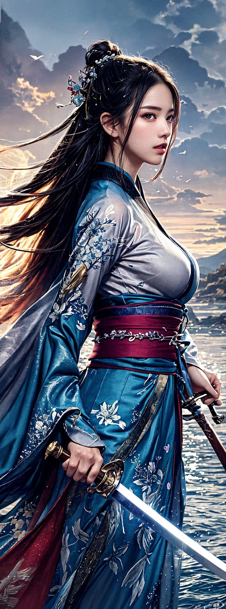 1girl, 23 year old Taiwanese beauty, solo, cool, looking at the viewer, long black hair, long sleeves, natural huge breasts, holding, weapon, outdoors, soaked see-through kimono, sky, day, sword, cloud, wide sleeves, kimono, water, holding weapon, sash, profile, floating hair, watermark, holding sword, obi, floral print, katana, wind, mountain, fighting stance, realistic, waves ,(1girl: 1.4), (original picture, best quality), (real, Photo Real: 1.1), Best Quality, Masterpiece, Beauty & Aesthetics, 16K, (HDR: 1.2), High Contrast, (Vivid Colors: 1.3), (Soft Colors, Dull Colors, Soothing Tone: 0) , Cinema Lighting, Ambient Light, Side Light, Fine Details and Textures, Cinematic Lens, Warm Colors, (Bright and Intense: 1.1), Wide Angle Lens, xm887, Surrealist Illustration, Siena's Natural Proportions, Silver Hair, Dynamic Posture, precise body and hand anatomy, four fingers and a thumb,