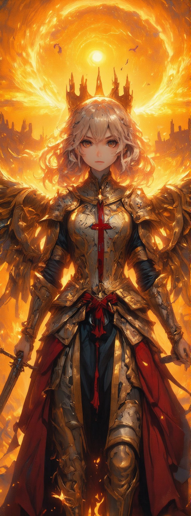 Score_9, score_8_up, score_7_up, In this cinematic masterpiece, a majestic female angelic inquisitor stands tall, her platinum locks cascading down like a river of gold. Her piercing eyes seem to bore into the soul as she clutches a holy sword. Above her head, a radiant halo shines bright, while golden wings spread wide, their delicate feathers glinting in the flickering flames that engulf the distant castle. The red cross on her armor stands out against the fiery backdrop, its intricate details rendered with precision. The metal armor appears to flash with an otherworldly intensity, as if infused with the very essence of the inferno. Ultra-high resolution and exquisite detail bring this fantasy world to life in a style reminiscent of movie special effects. Movie special effects style.