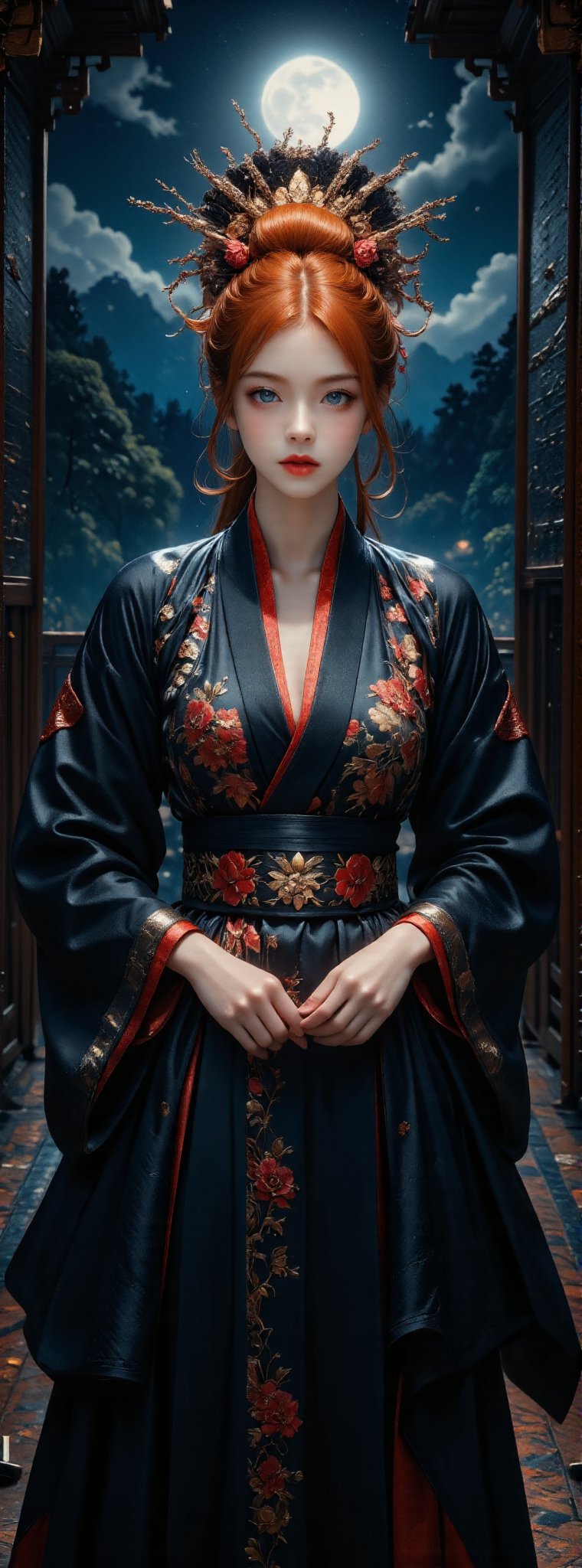 Score_9, score_8_up, score_7_up, An ancient oriental beauty with fiery red blond hair adorns the darkness of a dim Chinese garden. She holds a majestic long black classical fan, its silk tassels swaying like a wisp of mist in the moonlight. As she stood in front of the open balcony window, the smooth black fabric of the Hanfu clung to her curves, and the silvery moonlight danced across the dark canvas of the night sky. The floral details on her costume sparkle like dew-kissed petals. In cinematic sweeps, soft focus and dramatic lighting recall Caravaggio's mastery of chiaroscuro, while Leonardo da Vinci's Western style imbues the work with an air of Renaissance grandeur. A masterpiece of 8k resolution, ultra-detailed realism and oil painting artistry. Movie special effects style.