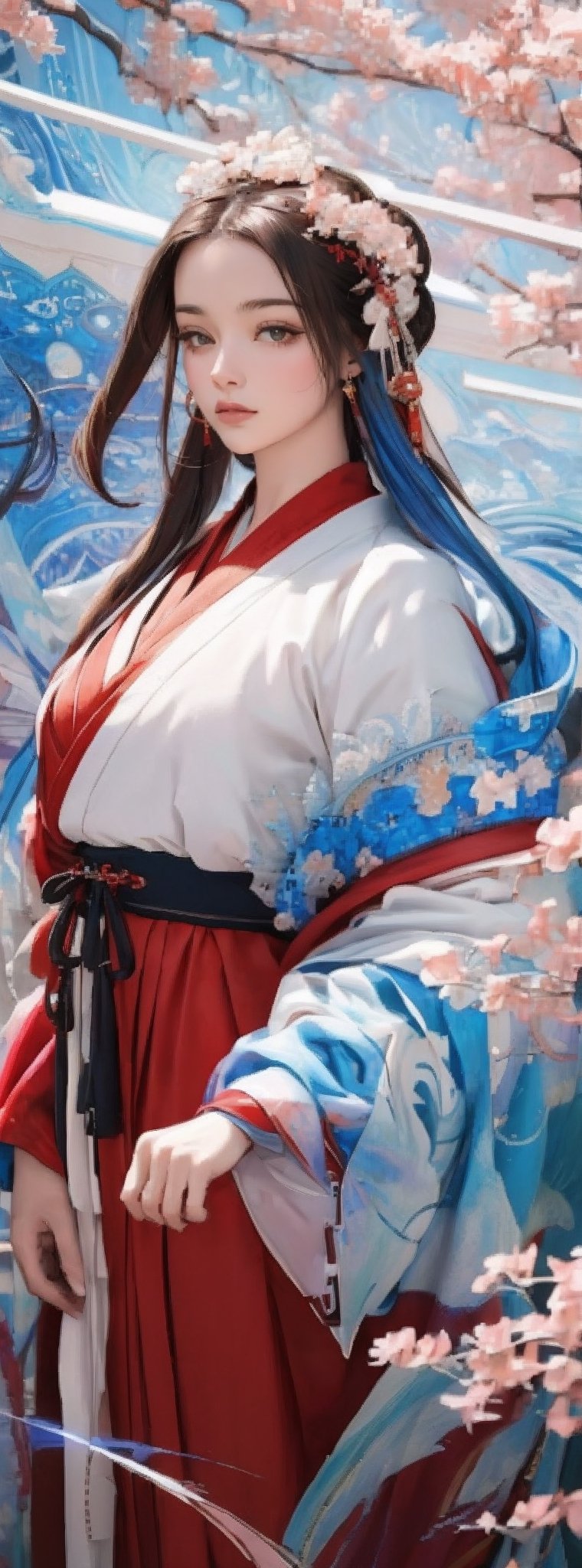 (masterpiece, top quality, best quality, official art, beautiful and aesthetic:1.2), (1girl), extreme detailed,(abstract, fractal art:1.3),highest detailed, detailed_eyes, light_particles, hanfu,jewelry, sexy, ,red,ru skirt