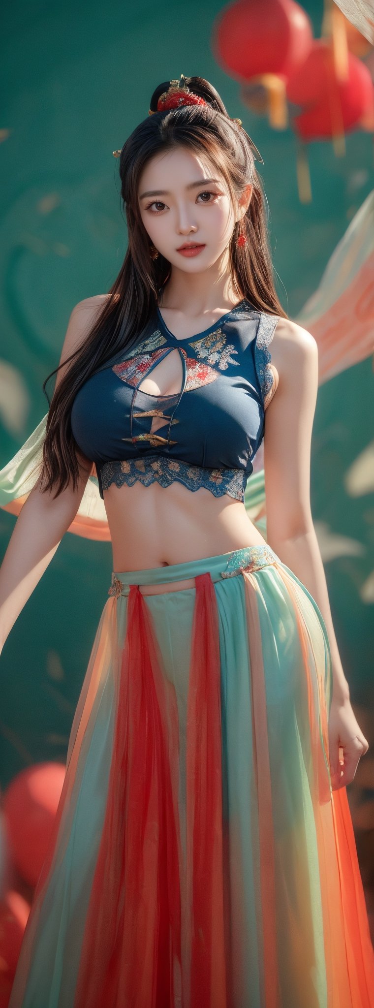 A 23-year-old Taiwanese beauty supermodel is cool and solo. She has big natural breasts and long black hair. She is wearing a navel-baring transparent lace vest and a blue mid-length skirt, posing in a fashionable model pose. Staring into the camera, Chinese ink background, soft Chinese watercolor atmosphere.,DUNHUANG_CLOTHS