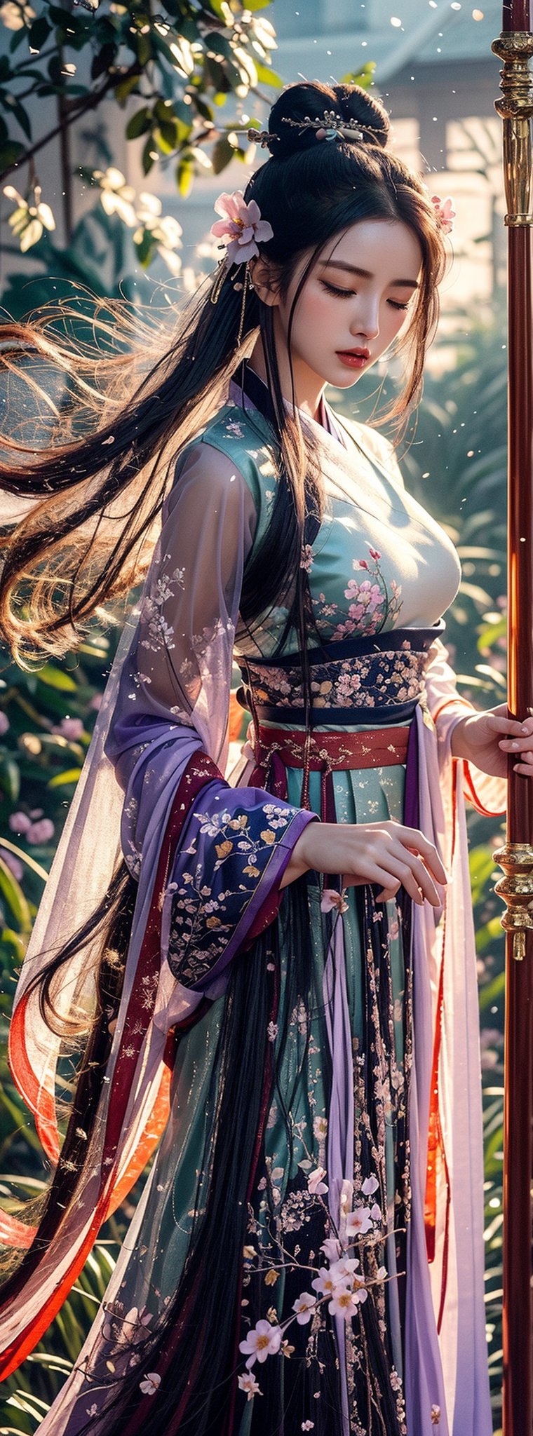1girl,solo,long black hair,hair accessory,dress,holding,jewelry,standing,closed eyes,flower,sword,hair flower,wide sleeves,water,bun,holding weapon,petals,holding sword,soft makeup, Gradient lips, oversized breasts, natural oversized breasts, ((light purple transparent Hanfu)), single bun, cherry blossoms, sheath, fairy in the clouds, printed dress. (1girl: 1.4), (Original, Best Quality), (Real, Photo: 1.1), Best Quality, Masterpiece, Beauty and Aesthetics, 16K, (HDR: 1.2), High Contrast, (Vivid Colors: 1.3) , (soft colors, dark colors, soothing tones: 0), cinematic light, ambient light, side light, fine details and textures, cinematic lenses, warm colors (bright and intense: 1.1), wide angle photography, xm887, surreal illustration, tin Jena's natural proportions, silver hair, dynamic pose, precise internal anatomy of the body and hand, four fingers and a thumb, 1 girl