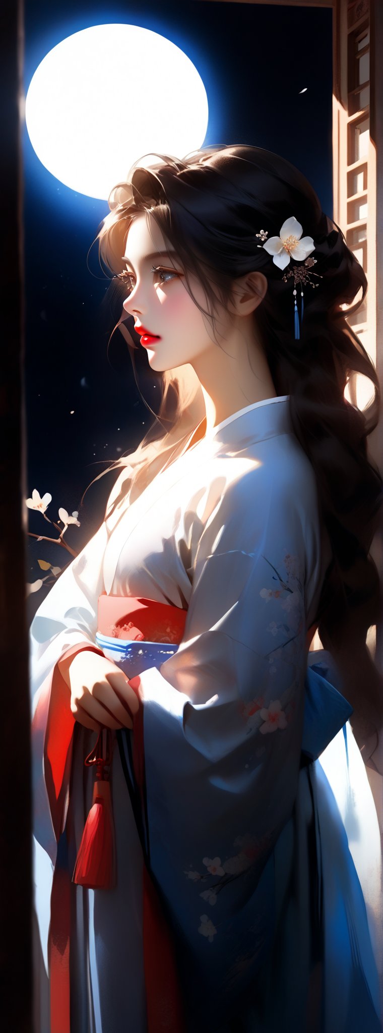 score_9, score_8_up, score_7_up, score_6_up, midnight. Standing in the oriental-style courtyard was a 23-year-old Taiwanese long-haired beauty wearing white Hanfu. With a sad look on her face, she looked up at the moon, which was glowing with blue light. There are several white pear flowers blooming on the branches. Chiaroscuro, beautiful human silhouette effect, moon focus