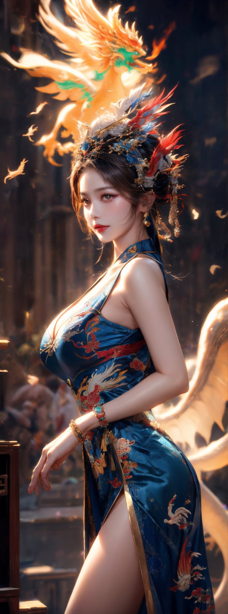 Realistic style, cowboy_shot, on the stage of the ancient gorgeous theater, a 23-year-old Taiwanese beauty wears a Peking Opera actress's headdress, earrings, necklaces, bracelets, and a dark blue Peking Opera actress's short skirt made of top-quality silk Clothing (the clothing has exquisite white dragon and phoenix embroidery patterns), natural big breasts, bare feet, seductive smile, Peking Opera movements, panoramic view. (1girl: 1.4), (RAW photo, best quality), (real, photo real: 1.1), most Best Quality, Masterpiece, Beauty & Aesthetics, 16K, (HDR: 1.2), High Contrast, (Vivid Colors: 1.3), (Soft Colors, Dull Colors, Soothing Tone: 0), Cinematic Lights, Ambient Light, Side light, fine details and textures, cinematic shots, warm colors, (bright and intense: 1.1), wide angle shots, xm887, surreal illustration, Siena's natural proportions, silver hair, dynamic poses, body and hands The precise anatomy of four fingers and a thumb