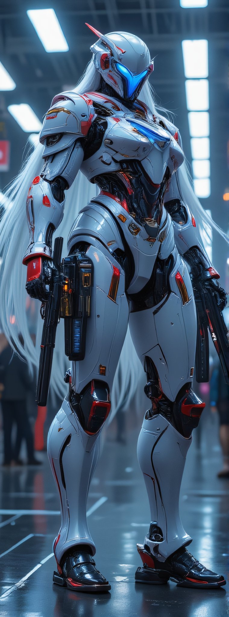 Score_9, score_8_up, score_7_up, In a vivid anime-style acrylic painting, a lone girl stands proudly on one knee, her long white hair flowing behind her. Her piercing blue eyes gaze down the length of an assault rifle, its sleek design and robotic joints a testament to her android physiology. A bodysuit and helmet encase her lithe form, while a pouch adorns her belt, holding various gadgets and ammunition. In her hand, she grips the rifle tightly, the scope and suppressor at the ready. Her full body armor gleams in the light, showcasing her readiness for battle in this sci-fi world of robots and androids. Movie special effects grade style.