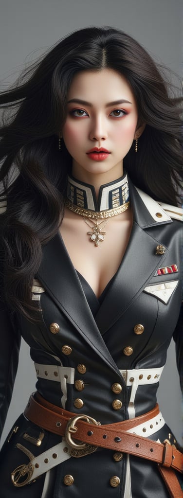 Score_9, score_8_up, score_7_up, score_6_up, 1girl, 23-year-old Taiwanese beauty, supermodel, solo, cool, long black curly hair, looking at the viewer, blue eyes, long sleeves, shut up, red lips, standing, coat, weapons, gorgeous earrings, belt, with sword, white Gloves, hats, double-breasted uniforms, uniforms, collars, medals, medal belts, epaulettes, epaulette tassels, commander's cloaks, banquet halls