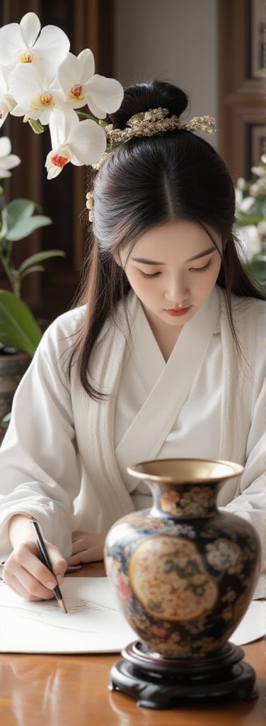 Score_9, score_8_up, score_7_up, score_6_up, A picture composed of gold, white, black and red, a cloisonné Chinese vase on the classical Chinese desk, with gladioli and large white phalaenopsis. A young ancient oriental woman with long flowing hair, delicate facial features and delicate eyes, wearing white Hanfu, is writing calligraphy with a brush.