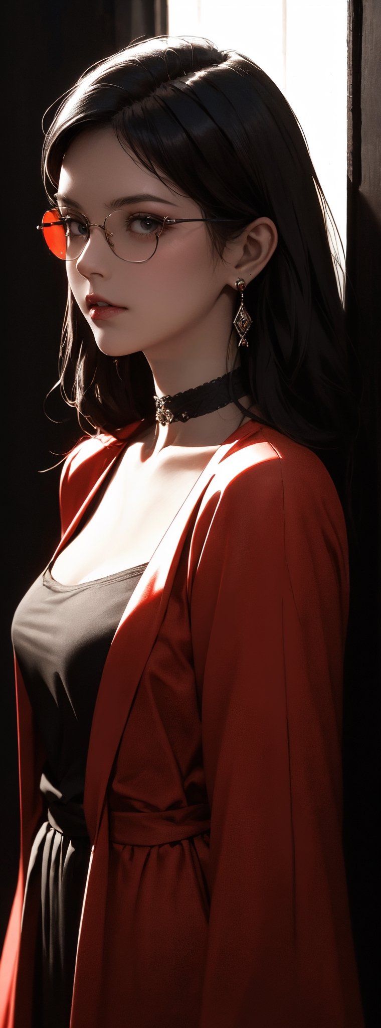 1girl, a 23-year-old Taiwanese beauty, wearing Ray-Ban sunglasses, solo, cool, thick black hair, looking at the viewer, bangs, red eyes, upper body, pierced ears, multiple pairs of earrings, slightly open lips, black choker, wearing red low clothes Busty dress, wearing red coat, red lips, long eyelashes, makeup, bright lipstick, standing with hands crossed, (from above: 0.9), (1 girl: 1.4), (RAW photo, best quality), ( Realistic, Photorealistic: 1.1), Best Best Quality, Masterpiece, Beauty & Aesthetics, 16K, (HDR: 1.2), High Contrast, (Vivid Colors: 1.3), (Soft Colors, Dusky Colors, Soothing Colors: 0 ), Cinematic Lighting, Ambient Lighting, Side Lighting, Fine Details and Textures, Cinematic Lenses, Warm Colors (Bright and Intense: 1.1), Wide Angle Lenses, body and posture) hand anatomy, four fingers and a thumb),