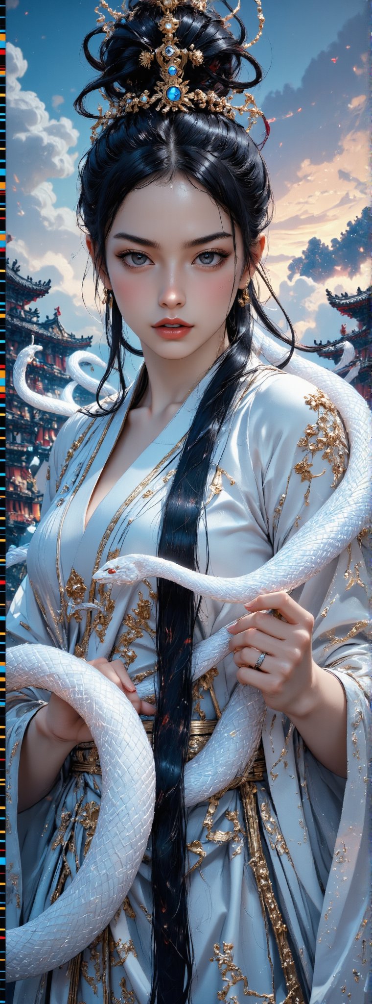 Score_9, score_8_up, score_7_up, score_6_up, A stunning ancient oriental beauty with a perfect figure, wearing white Hanfu, with exquisite facial features and exquisite black eyes, holding a white thunder snake in one hand. Her silky dress had intricate patterns that added a touch of glamor to her outfit. The woman wears a hairpin on her head, her long black hair is tied into a bun at the back of her head, and she wears gold earrings. The background is the Forbidden City in the sky, with colorful clouds blending together, adding depth to the scene. Movie special effects grade style.