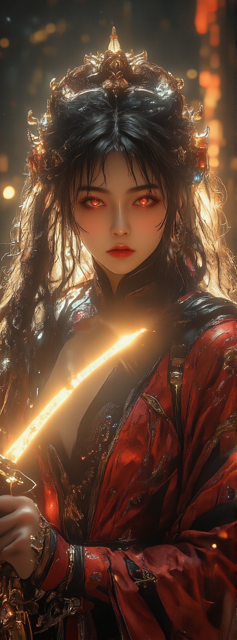 Score_9, score_8_up, score_7_up, in a dramatic, close-up shot, an ancient oriental beauty stands poised for battle. Her delicate facial features are accentuated by the soft, golden lighting that highlights her blunt bangs and long, raven-black hair. Her eyes gleam like rubies in the dim light, as she grasps a sword with one hand and wears thigh straps and knee-length black stockings under her pleated skirt. A pair of dangling earrings catch the light, while her red high-heeled boots seem to gleam with an inner fire. Her pale skin is illuminated by the subtle glow, showcasing a subtle sheen of nail polish on her fingernails. Movie special effects grade style.