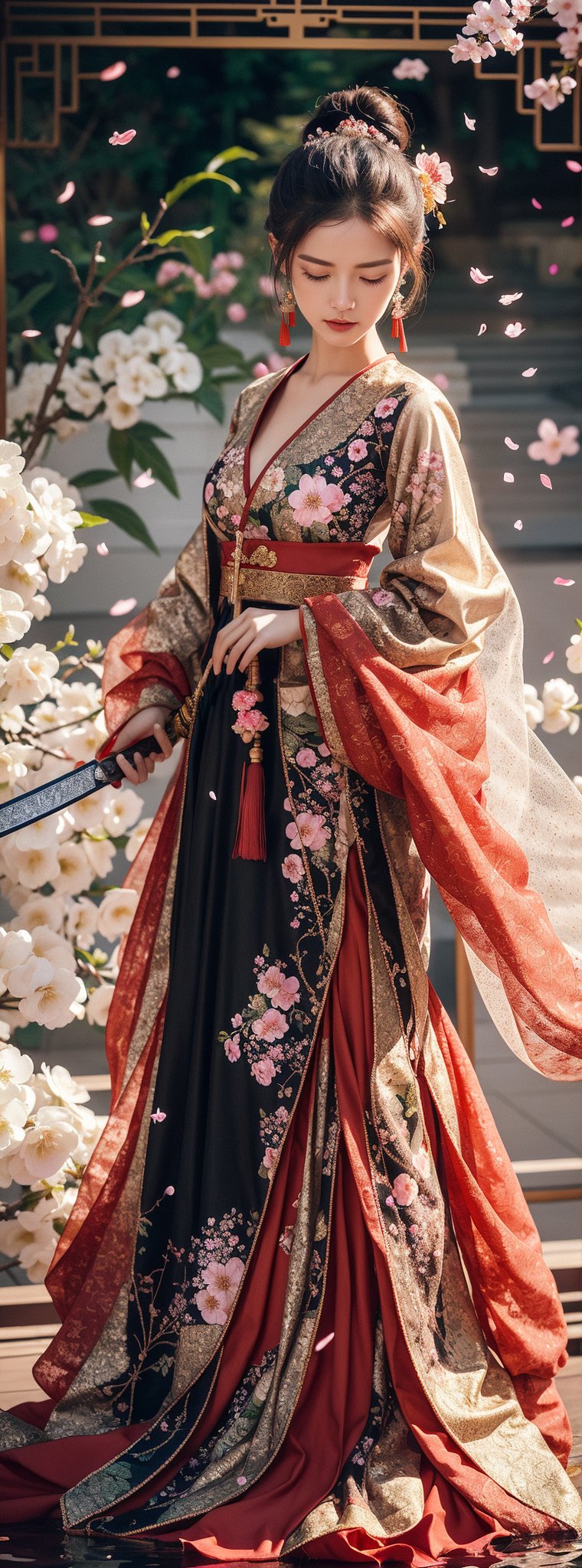 1girl, solo, long hair, black hair, hair ornament, dress, holding, jewelry, standing, closed eyes, weapon, flower, sword, hair flower, wide sleeves, water, hair bun, holding weapon, petals, holding sword, chinese clothes, single hair bun, cherry blossoms, sheath,Fairy in Clouds,dress floral print