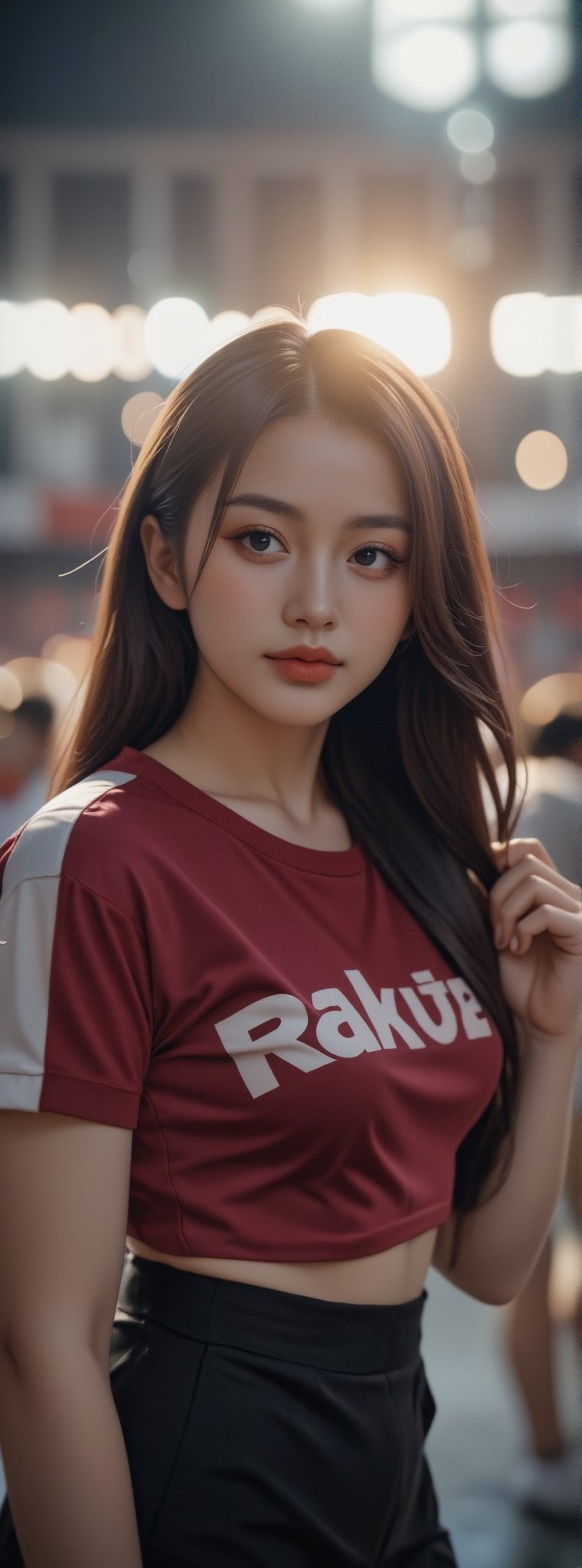 Score_9, score_8_up, score_7_up, a vibrant young Taiwanese woman stands confidently, with long black hair hanging down her back, wearing a striking burgundy short-sleeved T-shirt with a conspicuous white stripe on the left side and chest Has white artistic "Rakuten" text. Her bright smile lights up the scene as she raises her left hand in triumph, her right hand placed playfully on her hip. The blurred background suggests a bustling baseball stadium, enhancing the sense of energy and celebration surrounding this dynamic man. Movie special effects style.