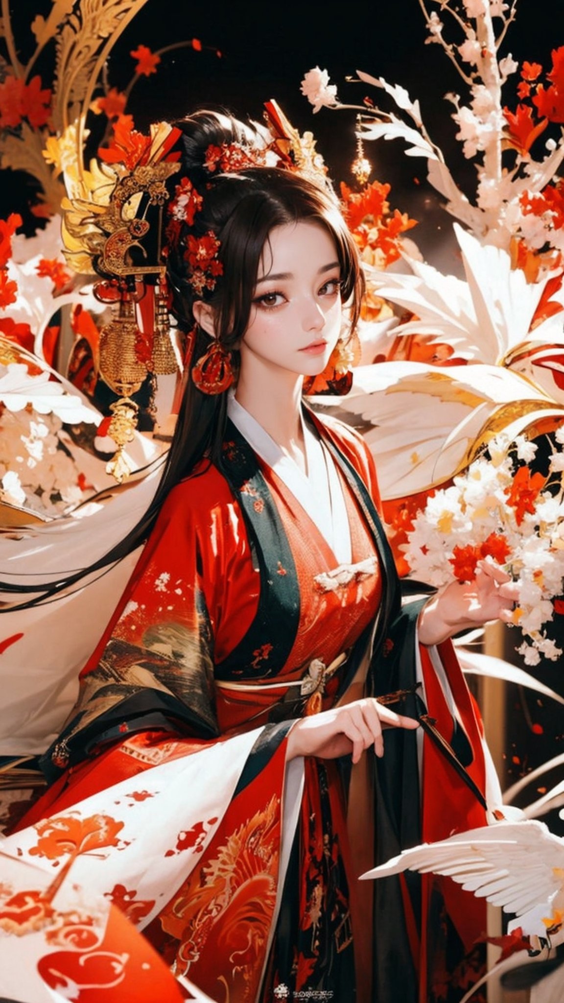 (masterpiece, top quality, best quality, official art, beautiful and aesthetic:1.2), (1girl), extreme detailed,(abstract, fractal art:1.3),highest detailed, detailed_eyes, light_particles, hanfu,jewelry, sexy, ,red,