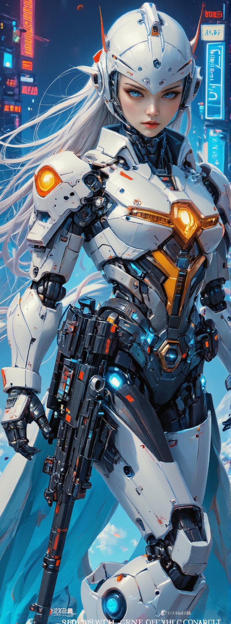 Score_9, score_8_up, score_7_up, In a vivid anime-style acrylic painting, a lone girl stands proudly on one knee, her long white hair flowing behind her. Her piercing blue eyes gaze down the length of an assault rifle, its sleek design and robotic joints a testament to her android physiology. A bodysuit and helmet encase her lithe form, while a pouch adorns her belt, holding various gadgets and ammunition. In her hand, she grips the rifle tightly, the scope and suppressor at the ready. Her full body armor gleams in the light, showcasing her readiness for battle in this sci-fi world of robots and androids. Movie special effects grade style.