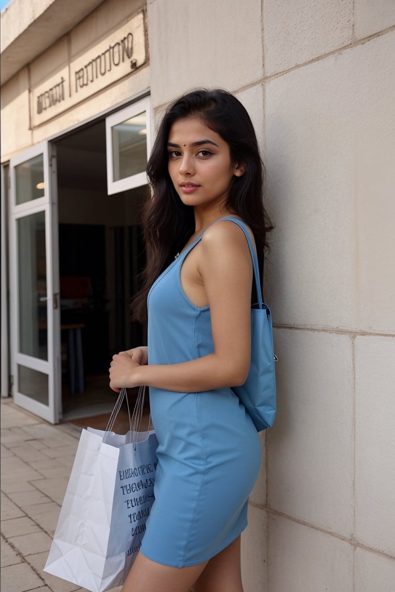 lovely cute young attractive indian girl, blue eyes, gorgeous actress, 20 years old, cute, an Instagram model, long hair, black hair, wearing Bodycon Dress  ,looking hot , under sunlight, shopping_bag , 