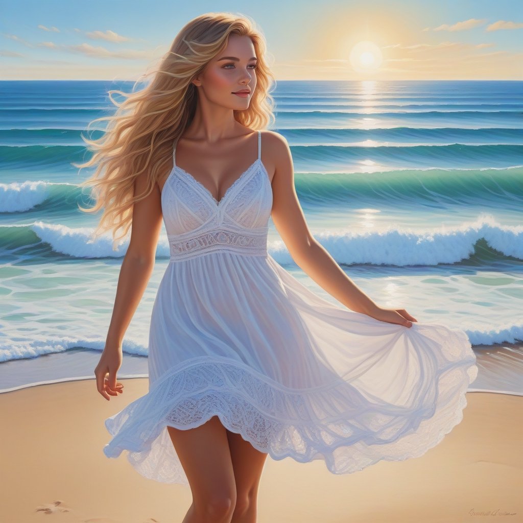 (highres, realistic) voluptuous, long wavy golden blonde hair, dreamy blue eyes, rosy cheeks, (1girl) with a radiant smile,  wearing a flowing white sundress that gently caresses her sun-kissed skin, standing barefoot at the edge of a pristine beach. The soft golden sunlight illuminates her figure,  casting a warm glow on the surrounding sand and glistening waves. The tranquil ocean stretches out to the horizon,  merging seamlessly with the clear blue sky. The gentle sea breeze playfully tugs at her dress and ruffles her hair,  creating a sense of movement and freedom. The girl's youthful beauty and carefree expression reflect her joy and inner peace. The artwork captures every intricate detail of her face,  highlighting the delicate curves of her lips and the intricate patterns in her eyes. The artist's skillful brushstrokes evoke a sense of depth and realism,  making the viewer feel as if they are standing right beside her,  experiencing the serene beauty of the beach firsthand. The colors in the painting are vibrant and vivid,  with a harmonious blend of warm and cool tones. The artist has masterfully captured the interplay of shadows and light,  creating a captivating play of highlights and reflections. The composition of the artwork is carefully balanced,  with the girl positioned slightly off-center,  drawing the viewer's gaze towards her captivating beauty
,<lora:659095807385103906:1.0>