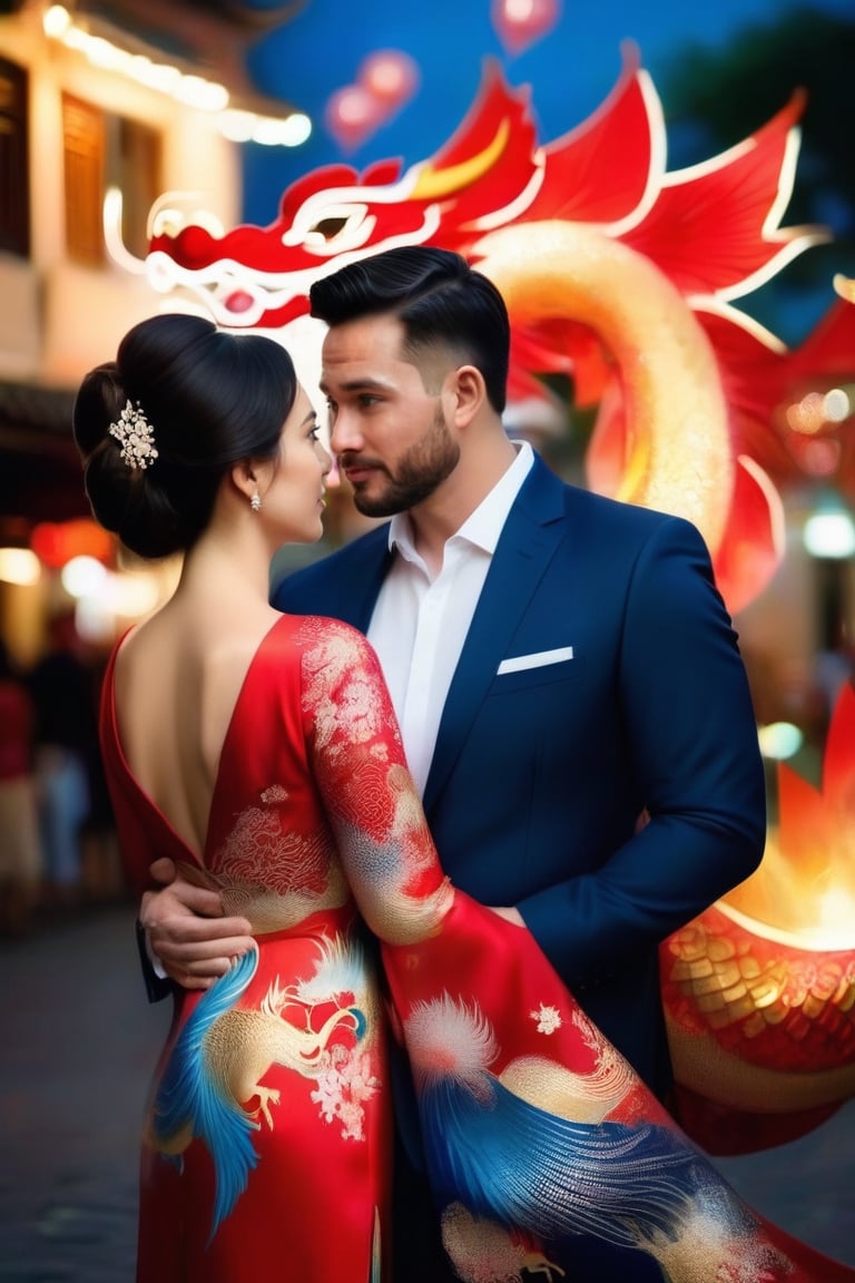 Masterpiece of a couple fat Vietnamese hugging each other,firework shape a dragon in the sky. The man in dark blue suit,40 years old;white highlight hair,short beard.Women 30 years old in red ao dai with lotus and phoenix pattern,short black hair.They are standing in the crowd of Old Quarter of Hanoi, Vietnam. 