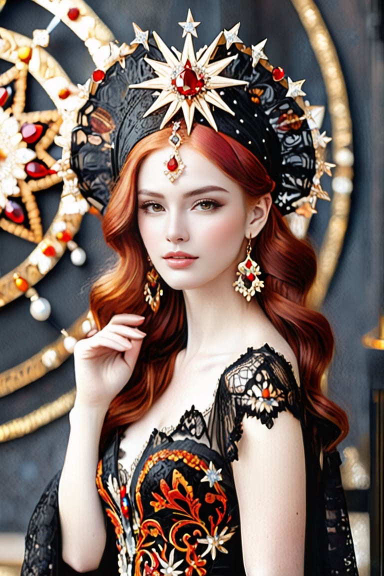 Beautiful white woman with bright red hair in a black lace long dress. On her head the girl wears an interesting black headdress in the shape of a star, decorated with red and orange precious stones and Swarovski crystals. Beautiful long earrings. Golden glow. Detailed detail. Very high quality, super realistic photo.

