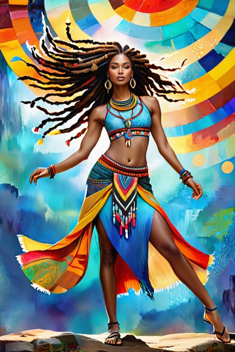 Create a photo of a stylized female figure with an artistic, bohemian vibe. She has long, voluminous dreadlocks adorned with vibrant bands and tribal ornaments. Her pose is dynamic and graceful, with one hand lifting her hair, emphasizing the movement and the flow of her locks. Her clothing is a patchwork of rich, saturated colors with intricate patterns, resembling a mosaic of various ethnic textiles and prints. The fabrics look soft and fluid, suggesting motion. Her skin is painted with delicate tribal markings, enhancing her mystical appearance. The background is a textured canvas with splashes of paint and abstract elements that complement the color palette of her attire. It should evoke a sense of freedom and creativity, a blend of traditional artistry with a modern, expressive twist., holographic shimmer, ethereal glow, bioluminescence, celestial realm, transcendent world, surreal and breathtaking. By Skyrn99, divine proportion, ((rule of thirds)), bokeh, high quality, detailed