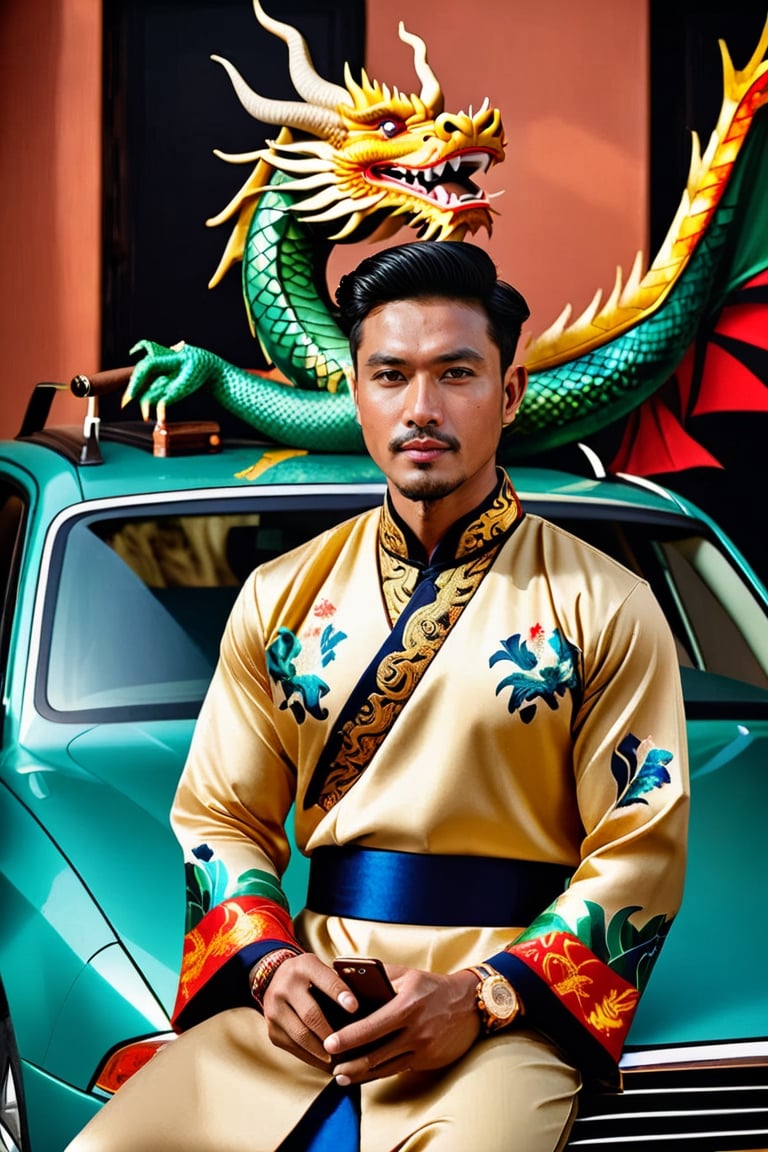 A stylish Vietnamese man sits on a car wearing a traditional ao dai dress, holding a cigar and smartphone. In the background, dragon paintings are visible. This photo is from the R4W exhibition.The man exudes an air of confidence and sophistication as he effortlessly combines traditional and modern elements in his attire and accessories. The vibrant dragon paintings in the background add a touch of cultural richness to the scene, creating a captivating juxtaposition of old and new. This captivating photograph captures the essence of Vietnamese style and heritage, showcasing the fusion of tradition and contemporary influences.,aesthetic portrait, cinematic moviemaker style,H effect,ral-polygon