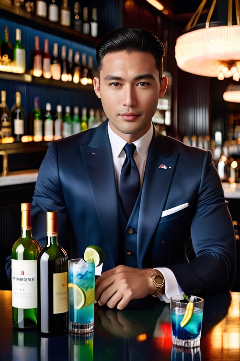 A handsome Vietnamese gentleman in a dark blue Thom Browne suit and Thom Browne white shirt is sitting at the bar, sipping a blue cocktail while the bartender mixes drinks with neon-colored wine bottles in the background. The photo is hyper-realistic.