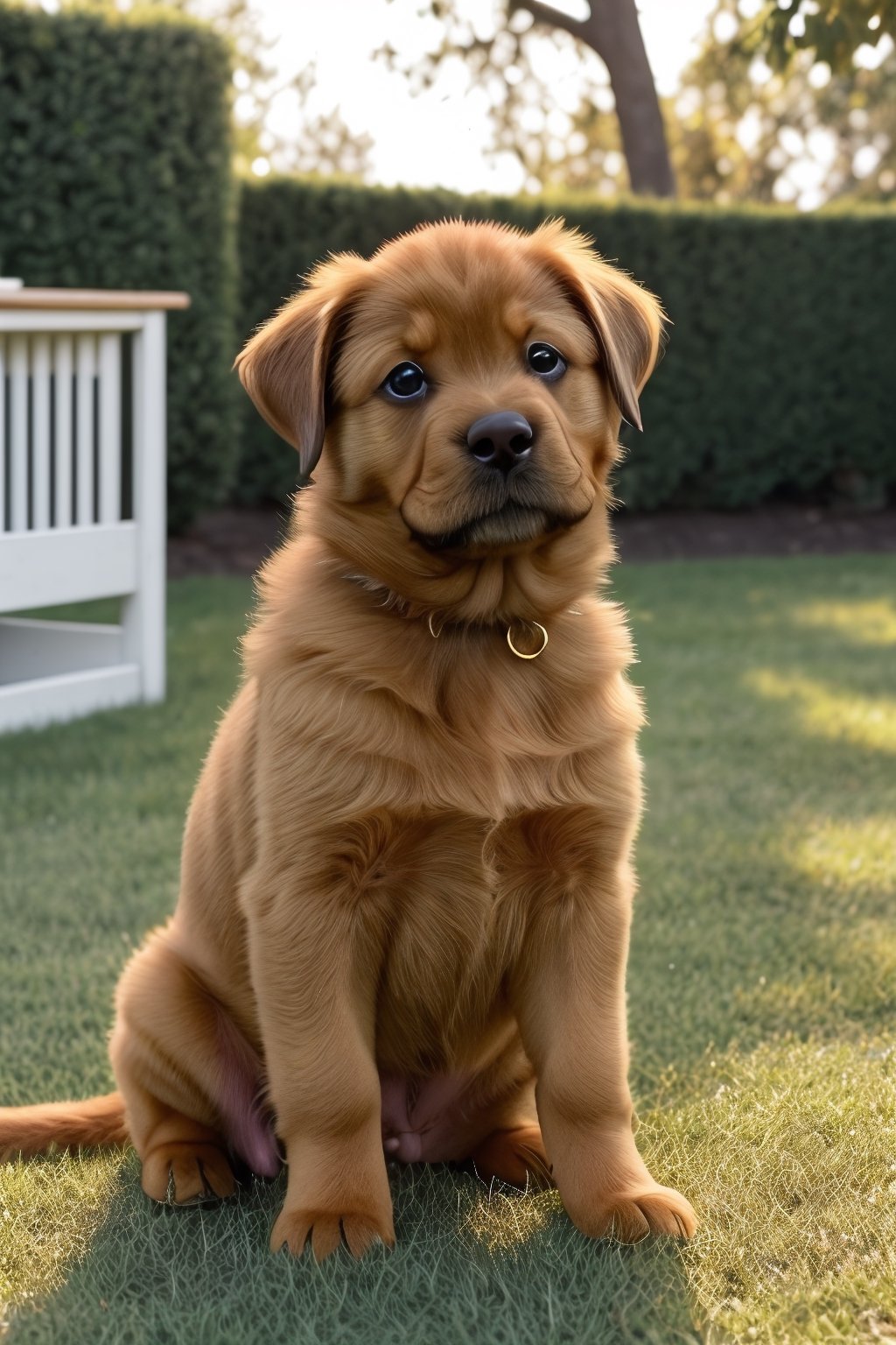 Generate an endearing image of a cute golden Rottweiler puppy. The puppy should have a friendly and gentle expression on its face, with warm, soulful eyes that radiate affection. Its fur should be a beautiful golden color, gleaming in the light and soft to the touch. The puppy's features should embody the characteristic strength and elegance of the Rottweiler breed, while also exuding a youthful charm and playfulness. The setting should be welcoming and inviting, perhaps a serene backyard or a cozy living room, with soft natural light accentuating the puppy's golden coat. Ensure that the image captures the unique blend of sweetness and strength that defines the golden Rottweiler, evoking a sense of warmth and admiration in the viewer