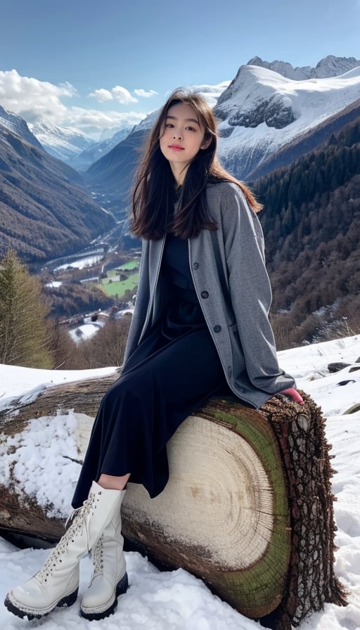 cute girl, long hair, grey winter coat fashion, black long dress, boots, Sitting cross-legged on wood log, switzerland, snowy mountains background, blue sky, 4K, ultra HD, RAW photo, realistic, masterpiece, best quality, beautiful skin, white skin, 50mm, medium full shot, outdoor, full body, photography, Portrait, ,chinatsumura, high fashion