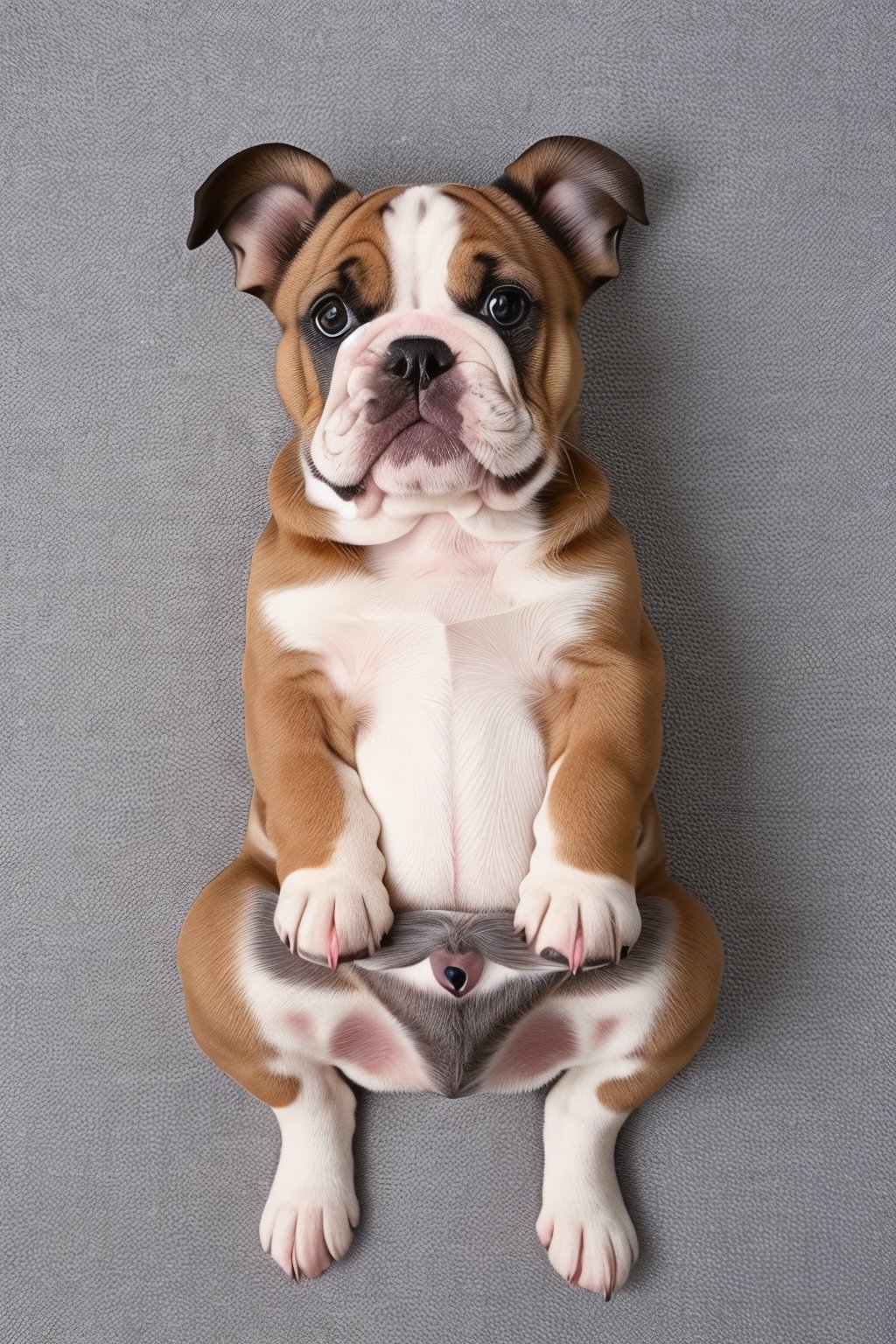 Generate an adorable image of a baby Bulldog with its cute legs up in the air. The puppy should have a chubby and wrinkled face, with expressive eyes that exude innocence and playfulness. Its legs should be short and stubby, lifted up in an endearing manner that highlights the puppy's adorable features. The Bulldog's fur should be smooth and soft, with a distinctive coat color that complements its charming appearance. Capture the puppy in a relaxed and cheerful pose, perhaps lying on its back with its legs raised towards the sky. Ensure that the image conveys the Bulldog's lovable personality and irresistible charm, evoking a sense of joy and warmth in the viewer