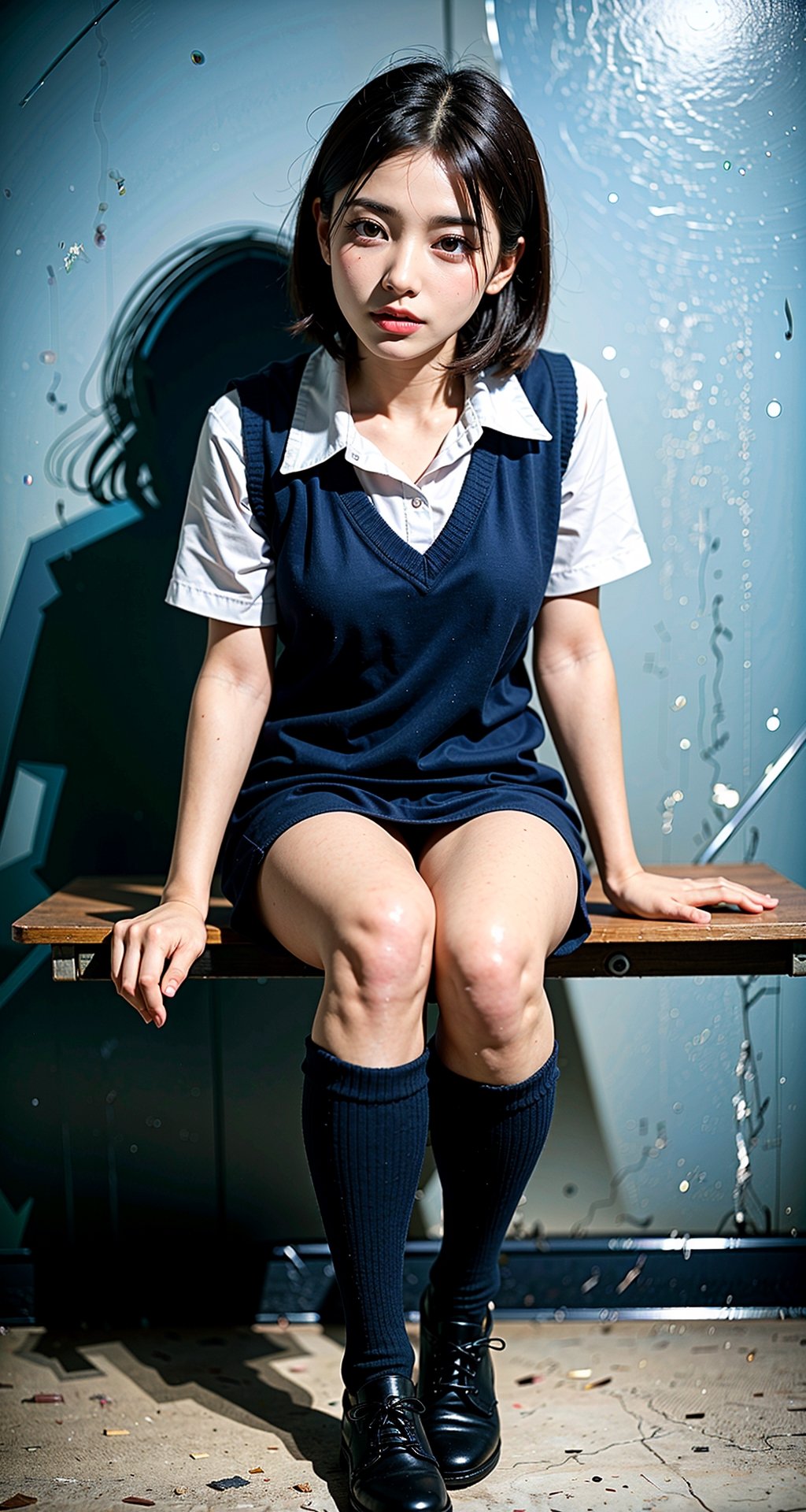 ultra low angle view up shot, Hong Kong abandoned school classroom, broken furnitrure, graffiti on wall , girl ,  full body tilted left,  walking, real girl , 18 years old Japanese girl, school uniform, knee high stockings, shy innocent face , face tilted left, ,long brown hair,  an with messy_bobcut and orgasmic expression , realistic dull skin noise, visible skin detail, skin fuzz, glossy skin, petite, remarkable color, POV, (photorealistic, realistic:1.3), natural_lighting, rule_of_thirds, Fujicolor_Pro_Film, night, 1 girl,  ,1 girl