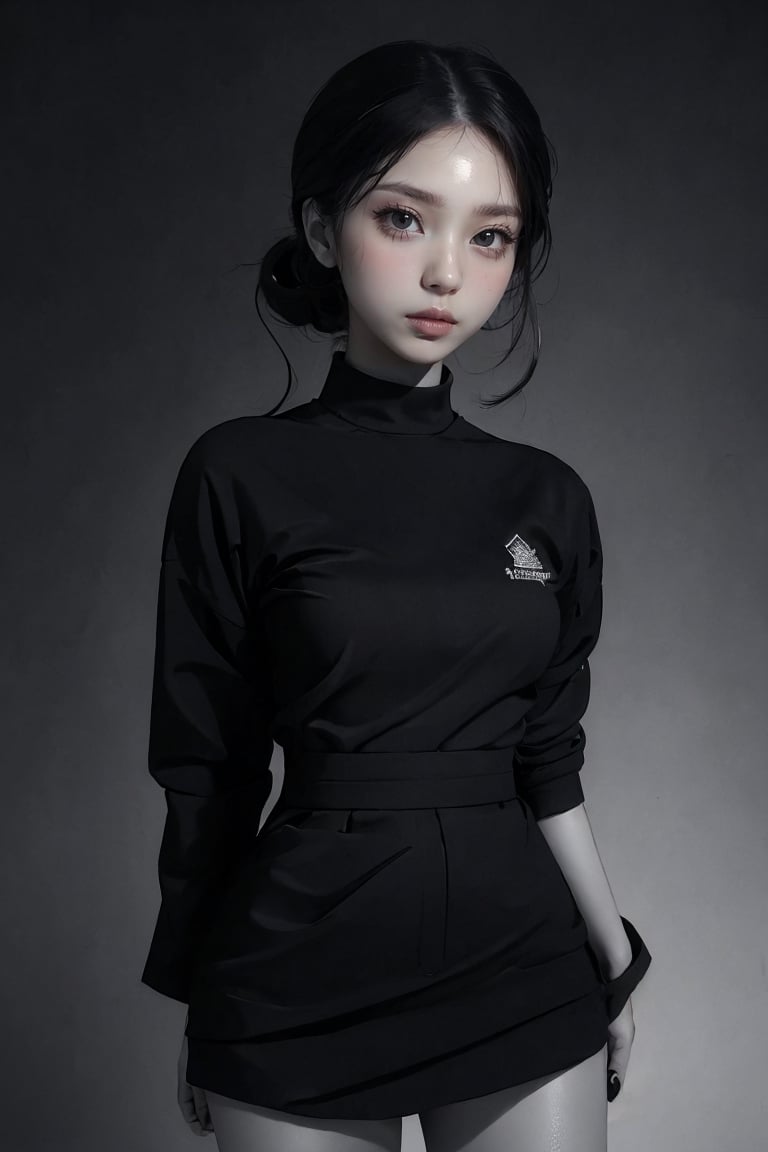 1girl, sole_female, medium large shot, masterpiece, photorealistic, black clothes, shiny red eyes, b&w, High detailed, body full,bzsohee,shine eyes01