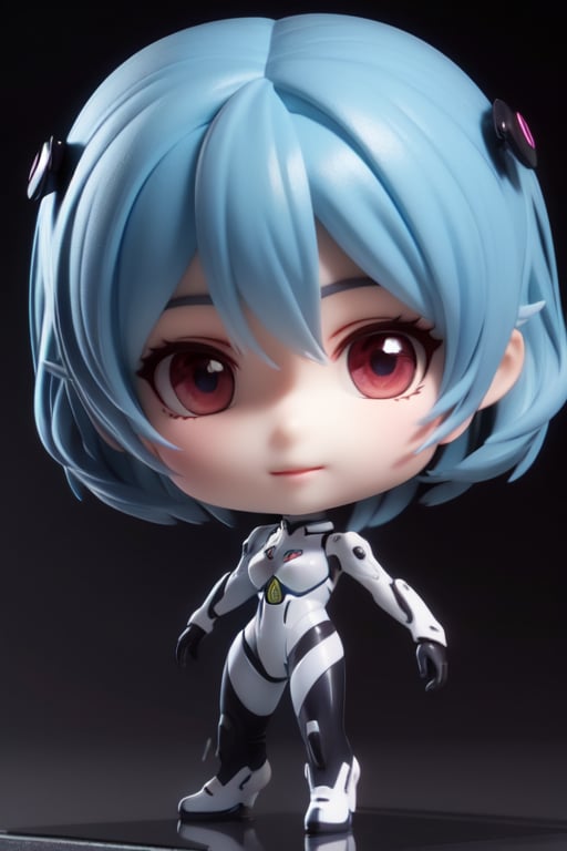 ((1 woman)), Rei Ayanami, Neon Genesis Evangelion suit, EVA suit, skinny,  full body, chibi, 3D figure girl, blue hair, beautiful girl with great attention to detail, beautiful and delicate red eyes, detailed face, beautiful eyes, (smile:0.6), mesmerizing designs, c, detailed, dynamic beautiful pose, dynamic pose, gothic architecture, natural light, ((realistic)) quality: 1.2)), dynamic long distance shot, cinematic lighting, perfect composition, super detail, official art, masterpiece, (best) quality: 1.3)), reflection, high resolution CG Unity 8K wallpaper, detailed background, masterpiece, (photorealistic) : 1.2), random angle,  side angle, chibi, full body, mikdef, jirai fashion