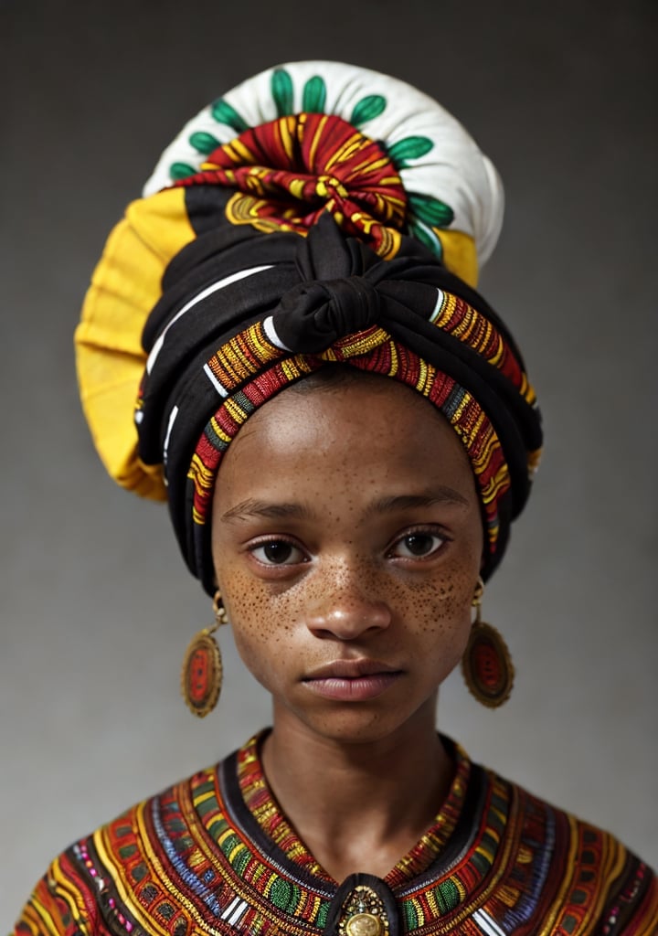 1African  teenage girl, dark skin, (African traditional turban:1.5), (African traditional geometric ornamented red Dashiki tunic dress:1.3), portrait zoom, face close-up, short hair, (big puffy lips:1.4), eyes wide apart, African shaved hair cut, (((a tiny pocket mirror in her hand))), Carmen Solomons, Tami Williams, Quvenzhane Wallis, Lupita Nyongo, Amandine Pouilly, Zoe Knife, Icyess, Nico Parker, Jaida-Iman Benjamin, Imaan, Imari, Sennia Nanua, Lovie-Simone Oppong, Amandla Stenberg, Yara Shahidi, Halle Bailey, Stella Lucia, Melanie Thierry, Owula Tosin Thomisin, Failed freckles,Irish freckles,Afro hair girl,SD 1.5,photorealistic,REALISTIC, black background, volumetric lighting, backlighting, light beams, sportlight, 3-point studio lighting