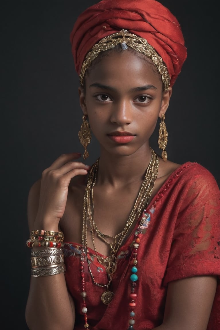 dark background, ambient light, dark global illumination, background spot, shiny princess,  shy hands, face close-up, makro zoom, mayan skirt, big ornaments, red wrap belt, Tami Williams, Briseis, big lips, age 14, french braid, skinny, red turban, whole body,
she wears 10 necklaces and two earrings. On the wrists 5 bangles, lace up shoes, 4 bangles on upper arm
,aesthetic portrait