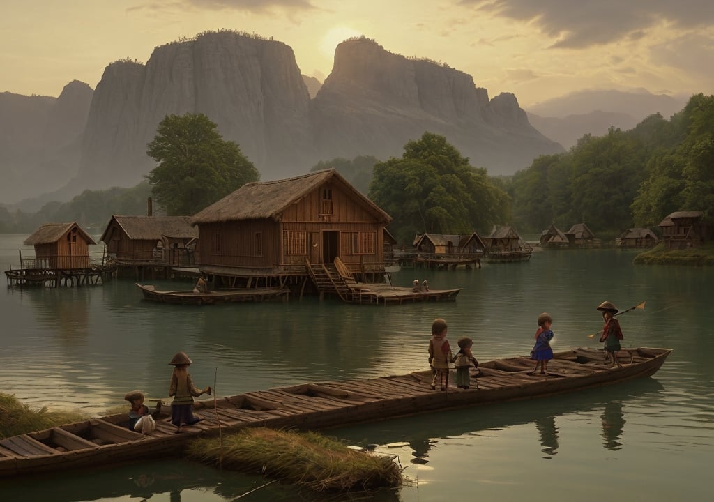 A Bronze Age pile-dwelling wooden settlement in the lake, wooden huts, 6000 bc, small wooden jetties, fishing nets, small dugout boats, some children playing on the jetties, palisade around, zoom, silent, peaceful, volumetric lighting, evening sun, painting by Caspar David Friedrich