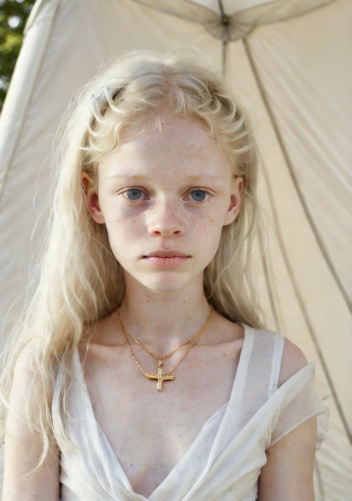 inside a tent, macro zoom, close-up portrait, sun beams, backlighting , volumetric lighting, A cute teenage girl, albino:1.5,  red eyes, pale skin, white skin, white hair, thin, skinny, (big puffy lips:1.4), eyes wide apart, relaxed, straight black eyebrows, a golden necklace, 17 years old,