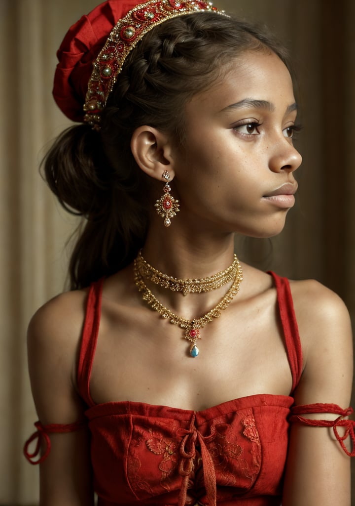 emo princess, face close-up, looking at the viewer, makro zoom, profile view, mayan skirt, big ornaments, red wrap belt, Tami Williams,  dark skin, big lips, age 14, french braid, skinny, red turban, whole body, intricated, 
she wears 10 necklaces and two earrings. On the wrists 5 bangles, lace up shoes, 4 bangles on upper arm, 5 fingers
