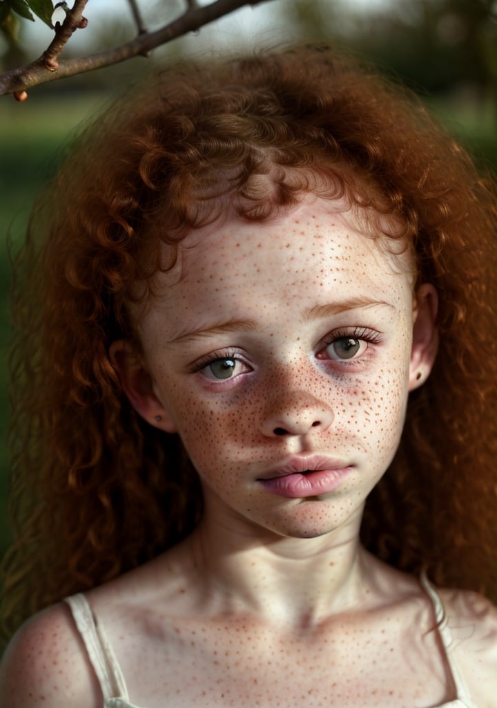 English garden,  in the shadow under an apple tree,  (picks an apple from a branch:1.2), evening sunset, face macro close-up, macro zoom, randomly Irish freckled skin, blurry freckled, small freckles, close mouth, big eyes , 14 years old, skinny, (very big lips:1.5), closed mouth, shut lips, eyes wide apart, dark black eyebrows, looking at the viewer, short round face, dolly, high detailed face, sharp focus, LoRa, Freckles,freckled girl,SD 1.5,Irish freckles,Failed freckles,Afro hair girl,photorealistic