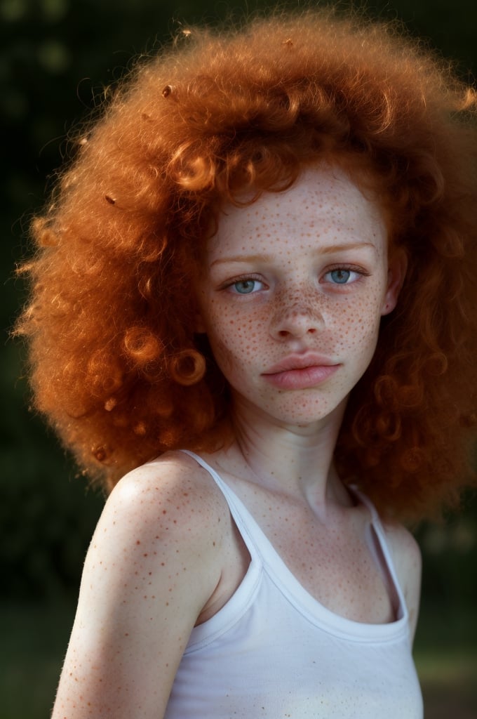 15 years old girl, profile view, (( wears t-shirt)), full portrait, slightly smile,  (Irish freckled, Melanie Thierry, Kira, little rusty freckles, freckles on arms, freckles on face,  freckles on shoulders,  freckles on breasts, freckles on pussy, freckles on hands, freckles on back), (((big lips, closed mouth, shut lips, shut mouth))),  hairy pussy, hairy publis, nude, skinny,sunburned, high detailed eyes, eyes wide apart, in the English garden, evening light,  warm light, thin, small hips, big afro hair, unshaved, redhead, Detailedface, Afro hair girl, ,Irish freckles,Freckles