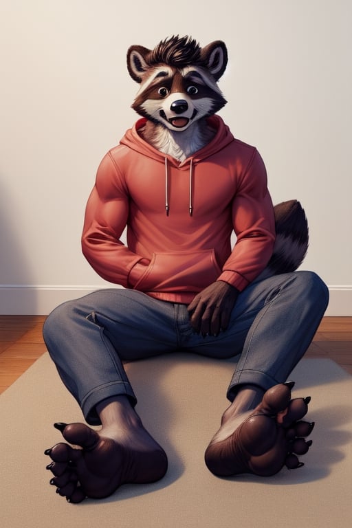 anthro, raccoon, transformation, showing his feet, barefoot,looking shocked at feet, fully padded feet, black leathery soles,long toes, animal feet, claws, Furry_feet, wearing red hoodie, sitting on floor,gray fur