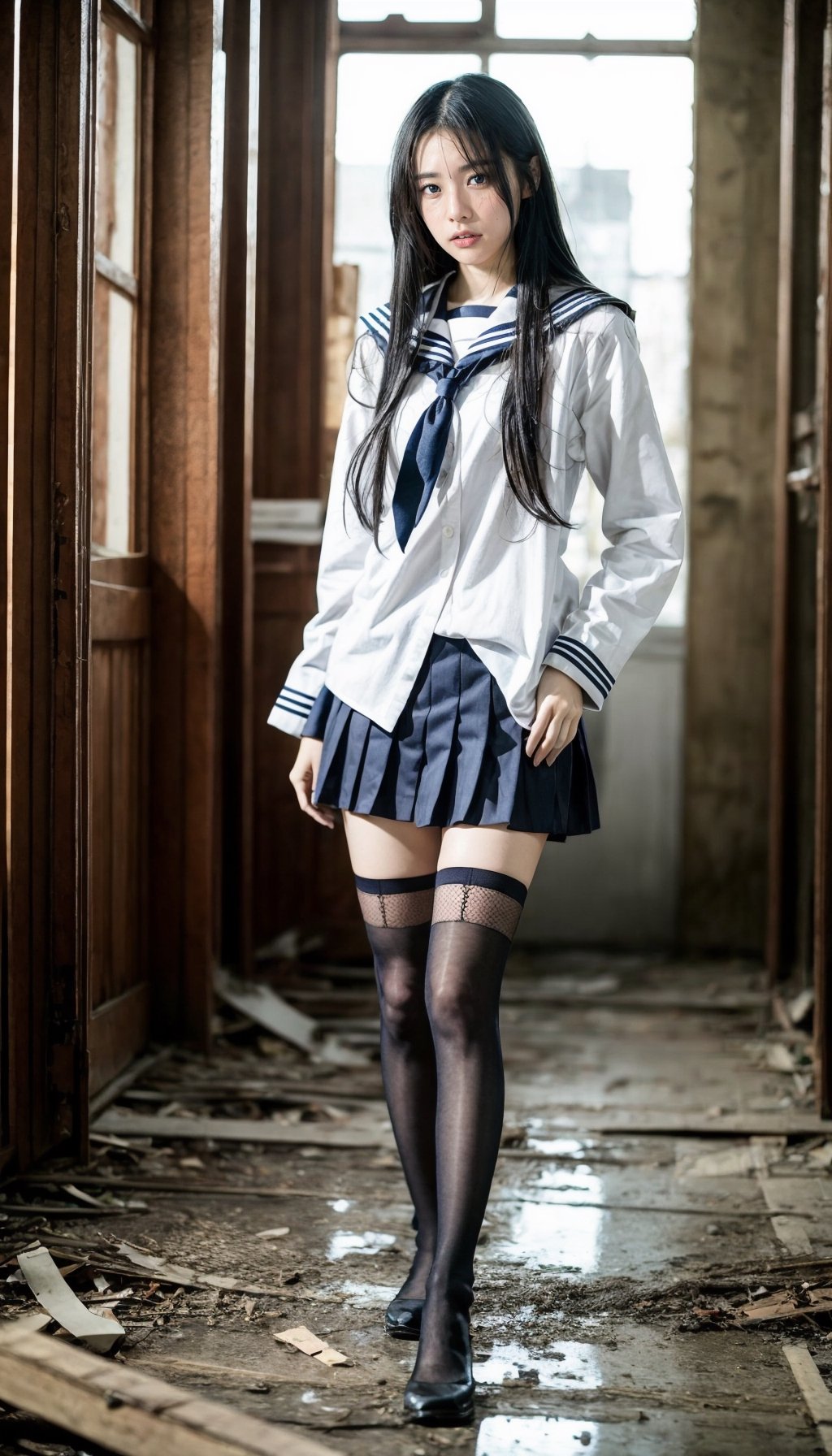 one girl, full body,  lustful eye , model catwalk style walking foward,  front view,  real girl,  18 years old Japanese girl , black sailor school girl uniform , Premium black Back Seam Thigh High stocking, short skirt, shy innocent face ,  in old abandoned clothing factory, black hair with highlighting,   visible skin detail, skin fuzz, glossy skin, natural_lighting , chinatsumura, Detailedface, 1 girl