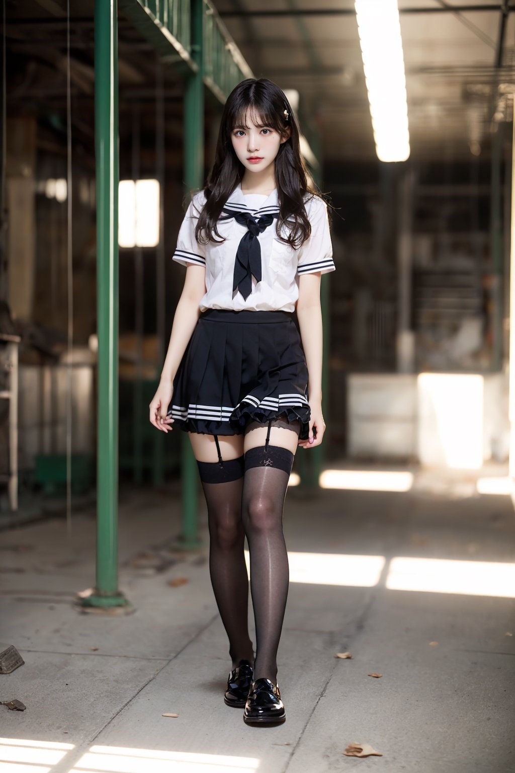 one girl, solo , full body,  walking side view,   ((Gigantic breats)) (from_below:1.4) ,  real girl, 16 years old Japanese girl , massy black hair , long legs, glomar model body. ((black sheer tight stocking)) , Black sailor black school girl uniform, very short skirts , white panty,  school shoes, shy innocent face ,  in dark old abandoned dark indoor factory, perfect hands,  visible skin detail, skin fuzz, glossy skin, natural_lighting , Detailedface, 1 girl,  ,Detailedface,1 girl