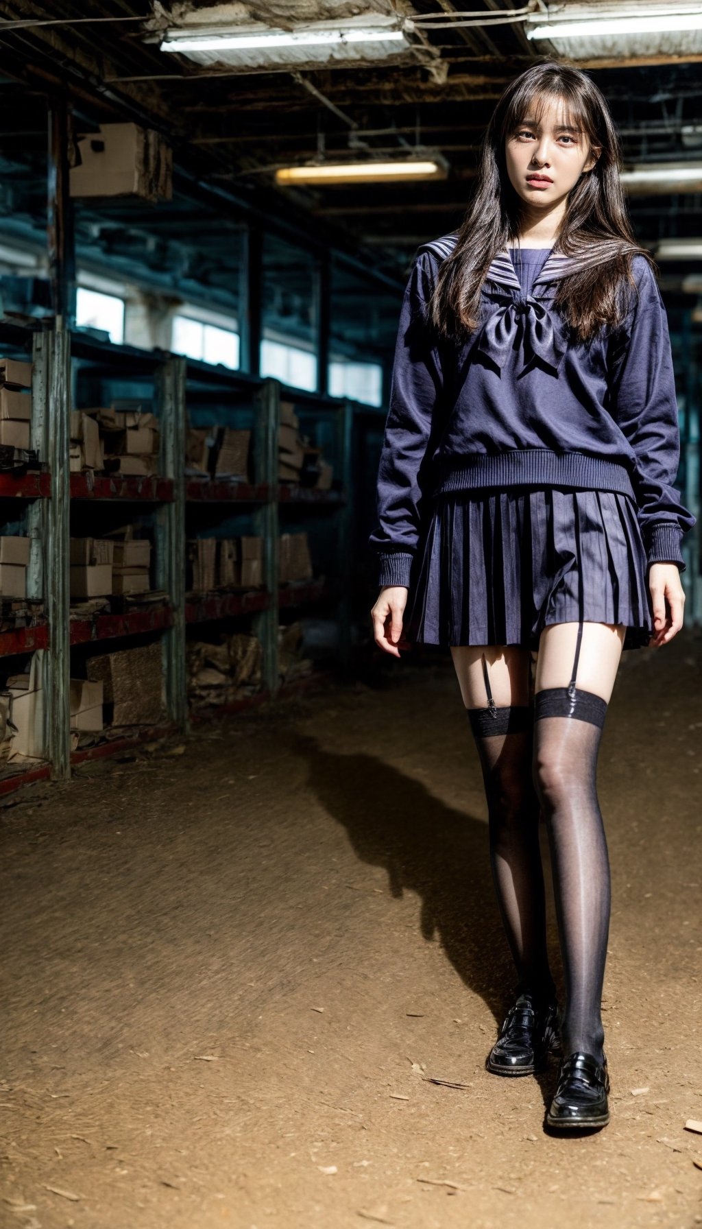 one girl,  full body, model catwalk style walking across sideway ,  abandoned clothing factory, old broken machine, paper boxes and paper on floor,  18 years old tall Japanese girl , sailor style black school girl uniform , long legs, Sheer Mesh Thigh High Stockings, short skirt, shy innocent face , low lighting,  , delicate facial features, very small earrings, Glamor body type, flim grain, realhands, masterpiece, Best Quality, photorealistic, ultra-detailed, finely detailed, high resolution, brown messy hair, perfect dynamic composition,  beautiful japanese actress, ((nervous and embarrassed)), sharp-focus, beautymix,  full body_shot, from below, Detailedface, 1 girl,chinatsumura,Detailedface