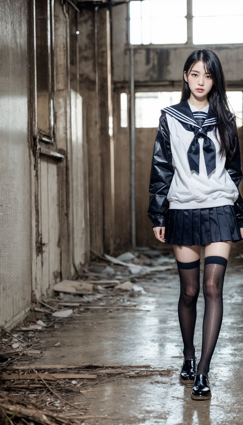 one girl, solo , full body,  lustful eye , model catwalk style walking foward sideway,  front view,  real girl,  18 years old Japanese girl , sailor black school girl uniform , Premium Women's Back Seam Thigh High, short skirt,,shy innocent face ,  in old abandoned clothing factory, black hair with highlighting,   visible skin detail, skin fuzz, glossy skin, natural_lighting , Detailedface,